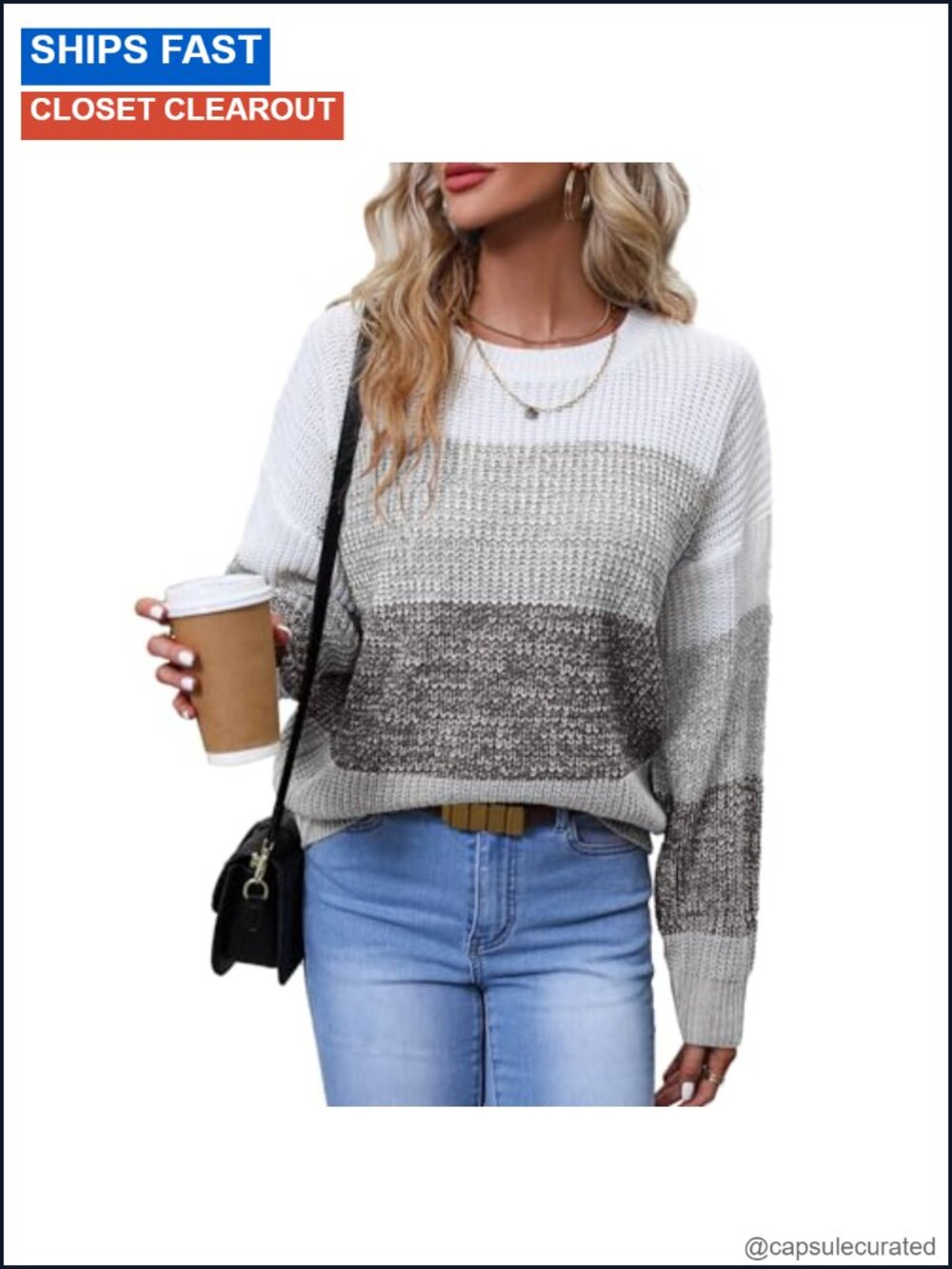 Women's Striped Color Block Sweater Crewneck Loose Fit Knit Pullover